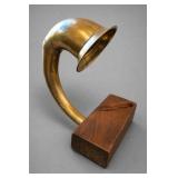 Curved Brass Horn on Wood Base