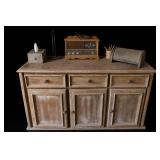 Lot of Distressed Wood Cabinet & Contents Inside