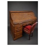 Roll-Top Writing Desk & Upholstered Chair
