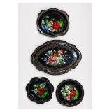 Black Floral-Painted Trays And Plates