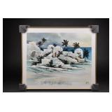 Framed Coastal Village Landscape Painting