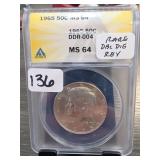 1965 Kennedy Half Dollar ANACS MS 64, DDR-004