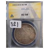 1921-D Morgan Dollar, AU58, Silver