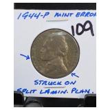 1944-P Jefferson Nickel, Lamination Error, Silver