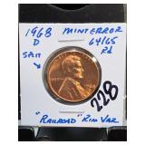 1968-D Lincoln Memorial Cent, MINT ERROR, 64/65