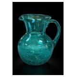 Teal Crackle Glass Handblown Pitcher