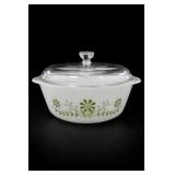 Pyrex Green Floral Milk Glass Covered Casserole