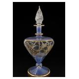 Blue Glass Etched Floral Perfume Bottle, Gold