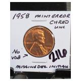 1958 Lincoln Wheat Cent, UNC, Mint Error
