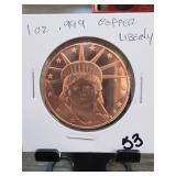 1 Oz .999 Fine Copper Liberty Round