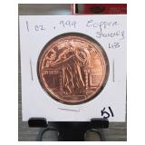 1999 1 Oz .999 Fine Copper Round