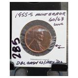 1955-S Lincoln Wheat Cent, 60/63 UNC, Mint Error