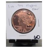 1921 1 Oz Copper Peace Dollar Design Round