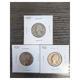 1935, 1936 & 1939 Silver Washington Quarters