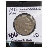 1930 Buffalo Nickel, F/VF, Crashed Dies