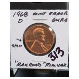 1968-D Lincoln Memorial Cent, Mint Error