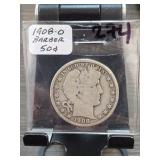 1908-O Barber Half Dollar, Silver