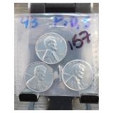 Three 1943 Lincoln Cents P,D,S