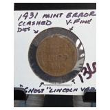 1931 Lincoln Wheat Cent, V. Fine, Clashed Dies
