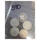 Five Liberty Head V Nickels, 1905, 1907, 1910
