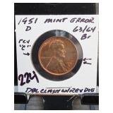 1951-D Lincoln Wheat Cent, Mint Error
