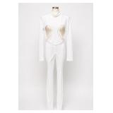 White Long-Sleeve Cutout Unitard Jumpsuit