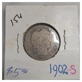 1902-S Barber Quarter Dollar, Silver
