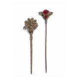 Chinese Style Ornate Hairpin Pair With Red Stones