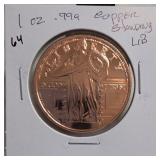 1999 Standing Liberty Copper Round, 1 Oz .999