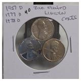 3 Lincoln Cents, 1957-D, 1977-D, 1978-D