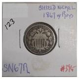 1867-W Shield Nickel, With Rays