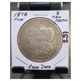 1878 Morgan Dollar, Fine, 8 Tail Feathers