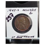1942-S Lincoln Wheat Cent, MS63/64
