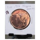 1 Oz .999 Fine Copper Mercury Round