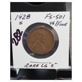 1928-S Lincoln Wheat Cent, Fine, FS-501