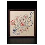 Hand-Embroidered Teddy Bear Framed Textile Art