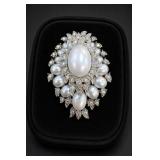 Oversized Faux Pearl Rhinestone Corsage Brooch