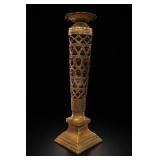 Engraved Brass Torchstand With Red Glass Panels