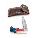 Damascus Steel Folding Knife With Leather Sheath