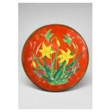 Art Deco Hand-Painted Porcelain Plate, Brass Rim