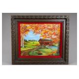 Framed Autumn Covered Bridge Landscape Painting
