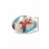 Handmade Turquoise & Coral Inlay Horse Belt Buckle