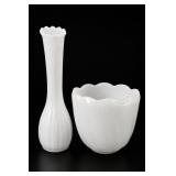 White Milk Glass Vases, Pair