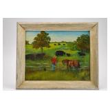 Signed 1976 Framed Farm Scene Painting