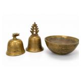 Chinese Brass Engraved Bells & Bowl Set