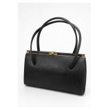 Vintage Real Leather Black Handbag Gold Frame