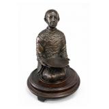 Bronze Asian Kneeling Figure W Wood Base Sculpture