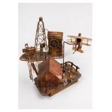 Copper Metal Sculpture Music Box, Airplane & Tower