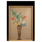 Signed Hara Hunt Floral Artwork In Bamboo Frame