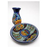 Talavera Hand-Painted Pottery Vase & Platter